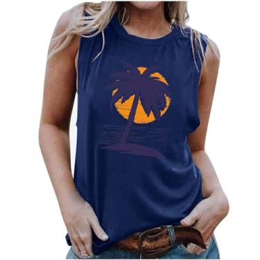 Imagem de MaMiDay Camiseta regata feminina casual de verão 2024 gola redonda solta camiseta estampada de praia com palmeira, Azul marino, GG