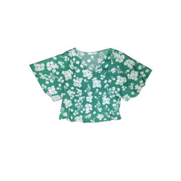 Imagem de Agnes Orinda Blusa feminina floral plus size casual de verão com gola V e mangas soltas de chiffon, Verde, 3X