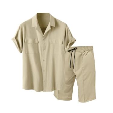 Imagem de Short masculino de manga curta, simples, casual, camisa de manga curta, shorts legais de secagem rápida para praia, Cáqui, 3G