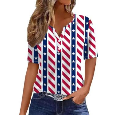Imagem de Camiseta feminina bandeira americana Dia da Independência Patriótica Top 4th of July Star Stripe Graphic Blusa gola V Button Down Túnica, Rosa choque, G