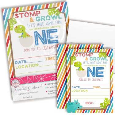 Imagem de Dinossauro Convites de Festa de Primeiro Aniversário, 20 Cartas de preenchimento de 12,7 cm x 17,78 cm com 20 Envelopes Brancos da AmandaCreation