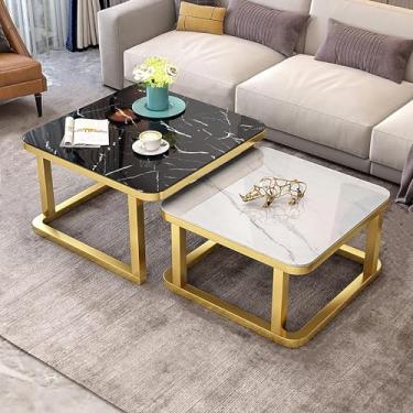 Imagem de Conjunto de mesa de centro aninhada com 2 mesas laterais empilháveis, tampo de mesa de vidro temperado liso com efeito de mármore para sala de estar, mesas de sofá de metal, moldura dourada,