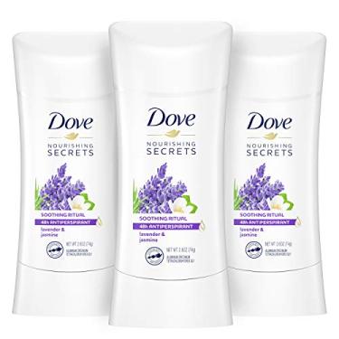 Imagem de Dove Nourishing Secrets Desodorante em bastão para mulheres, lavanda e jasmim, para 48 horas, proteção contra o suor das axilas e axilas macias e confortáveis, 74 g, 3 unidades