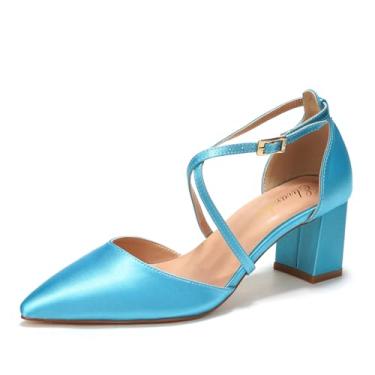 Imagem de Elivandon J1586 Sandália Feminina de Cetim Bico Fino Salto Médio 6cm Bloco Tira Longa Noiva Festa Casamento Cor Azul Céu,Tamanho BR 35/EU 37