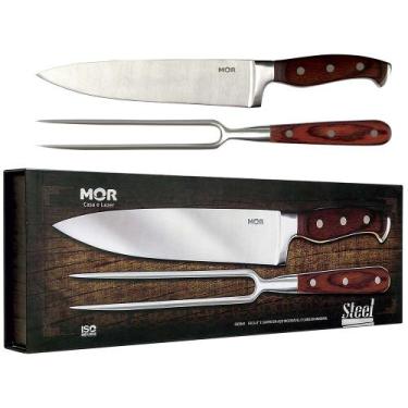 Imagem de Faca Garfo Kit Churrasco Inoxidável Cabo Madeira Mor 2pcs