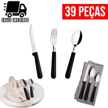 Imagem de Jogo de Talheres Preto 39 Peças para Cozinha Aço Inoxidável 13 Garfos 