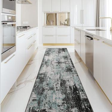 Imagem de RELEANY Tapetes laváveis de 6 x 25 cm, antiderrapante, moderno, abstrato, macio para sala de estar, entrada, quarto, estampa estampada, azul e preto azul-petróleo