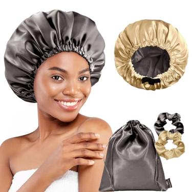 Imagem de BONNET QUEEN touca de cetim dupla face touca de seda para dormir gorro de cetim reversível com cordão para cabelo cacheado presente, cinza dourado