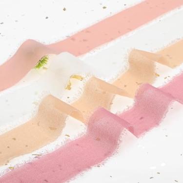 Imagem de U-LIAN 4 fitas de seda de chiffon com franjas feitas à mão 3,8 cm x 5,47 m x 4 peças (total 21,87 jardas) conjunto de fitas rosa para convites de casamento, fita colorida de pêssego para buquês de