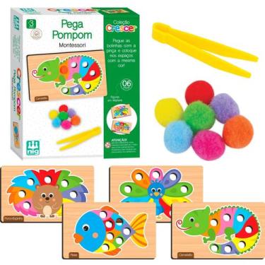 Imagem de Jogo Educativo Madeira Crescer Pega Pompom Montessori Pedagógico Nig B