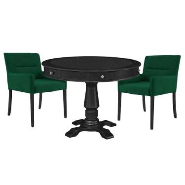 Imagem de Mesa de Jogos Carteado Redonda Victoria Tampo Reversível Preto com Kit 2 Cadeiras Vicenza Suede Verde - Gran Belo