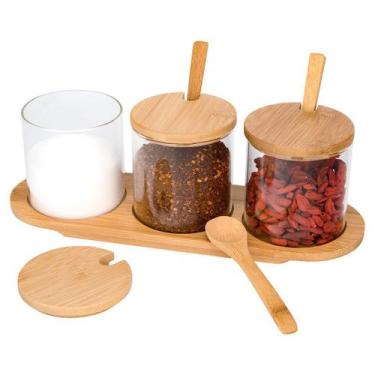 Imagem de Jogo 3 Potes Em Vidro Boro C/ Colher, Tampa E Suporte Bambu - Mimo - M