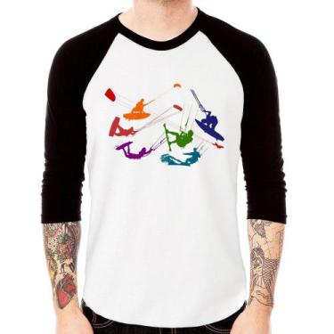 Imagem de Camiseta Raglan Kite Surf Freestyle Manga 3/4 - Foca na Moda, Branco, 