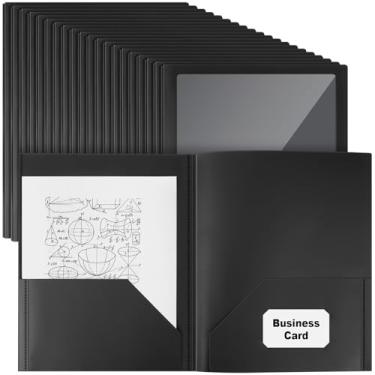Imagem de Teling 48 pastas de plástico com bolso frontal transparente e suporte para cartão de visita, 2 bolsos, pastas de papel de plástico tamanho carta para material de escritório escolar de negócios (preto)