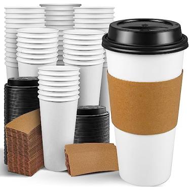 Imagem de Ginkgo Pacote com 100 copos de café descartáveis de 590 ml com tampas e mangas, copos de café quentes para chocolate quente, cacau, chá e bebidas