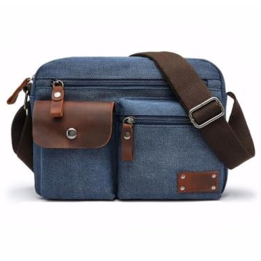 Imagem de Bolsa mensageiro masculina de lona transversal com vários bolsos, Azul marinho, 20cm*28cm*12cm.