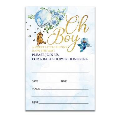 Imagem de Dolimifa Convites para chá de bebê com tema clássico do Ursinho Pooh, com estampa floral azul Oh Boy a Little Hunny is on His Way