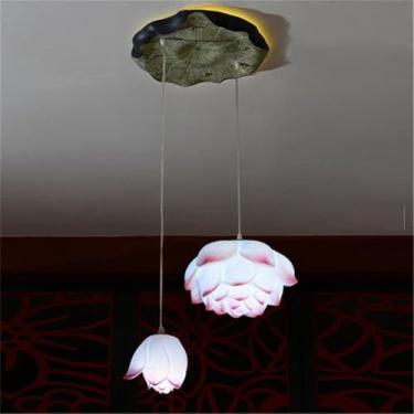 Imagem de OUFULA Luminária pendente de lótus contemporânea chinesa retrô criatividade sala de estar restaurante quarto villa hotel decoração led lustre (Pink 2 lights)