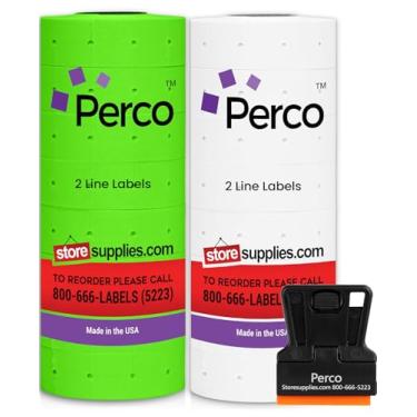 Imagem de Etiquetas de preço brancas e verdes para pistola de data e preço de 2 linhas Perco - uma manga branca e uma verde - 2 mangas, pacote combo de 12 rolos - 12.000 etiquetas de marcação de preço - com