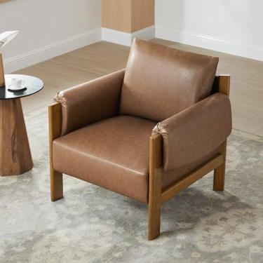 Imagem de CHITA Accent Chair, poltrona de estofamento moderno de meados do século para sala de estar, moldura de madeira maciça, couro sintético em marrom sela