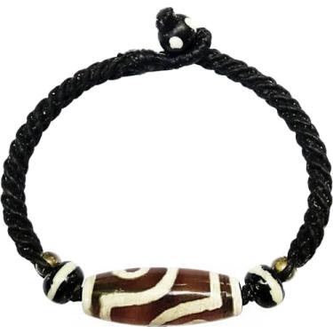 Imagem de Bijoux de Ja Pulseira de contas tibetana Dzi feita à mão, cordão trançado preto, padrão vinho e branco, pulseira de amuleto atrai boa sorte, riqueza, saúde, 18 cm de comprimento., Medium, Vidro Cordão