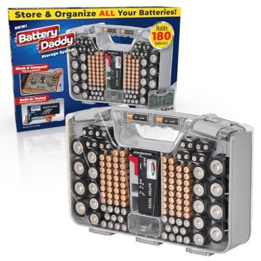 Imagem de Ontel Estojo organizador e armazenamento Battery Daddy com testador, armazena e protege até 180 baterias, dupla face, design durável com tampa de bloqueio transparente, travas seguras e alça de