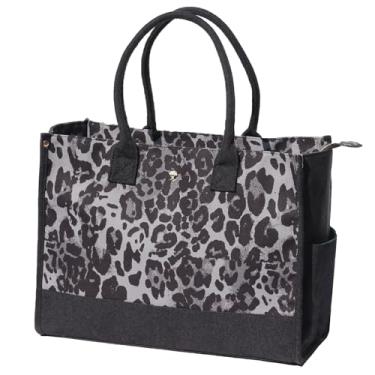 Imagem de ESVAN Sacola de lona personalizada para presentes de linho, bolsas de mão com fecho de zíper inicial, bolsa utilitária retrô, Estampa de leopardo cinza preto