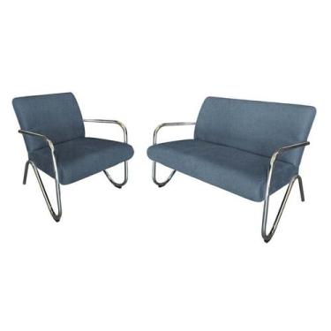 Imagem de Kit Namoradeira + Poltrona Decorativa Bela Linho Azul Marinho Braço Cr