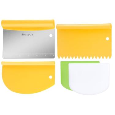 Imagem de Suanyok Raspador de bancada para alimentos, picador de legumes, raspador de massa de pizza de aço inoxidável, conjunto de 5 peças, cortador de pão/pastelaria, pizza/farinha/queijo (amarelo)