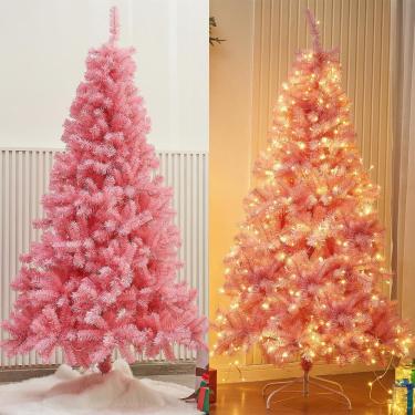 Imagem de Árvore de Natal artificial Juegoal de 6 pés com 300 luzes LED rosa