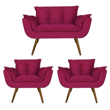 Imagem de Kit Namoradeira e 2 Poltronas Estofadas Hall de Entrada Opala Suede Rosa Pink - lm decor