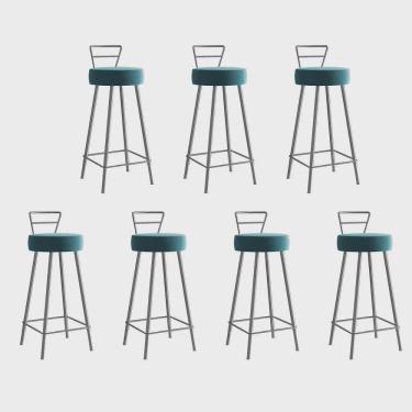 Imagem de Kit 07 Banqueta Alta Com Encosto Tina Eiffel Cozinha Bar Bistrô Ferro Cinza Suede Azul Turquesa - Ahz Móveis