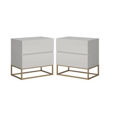 Imagem de Kit 2 Mesas De Cabeceira 45cm Eros 2 Gavetas Off White Com Corrediças Telescopicas E Pés De Ferro Dourado