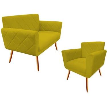 Imagem de Kit Namoradeira + 1 Poltrona Decorativa Sabrina Couro Amarelo Pés Made