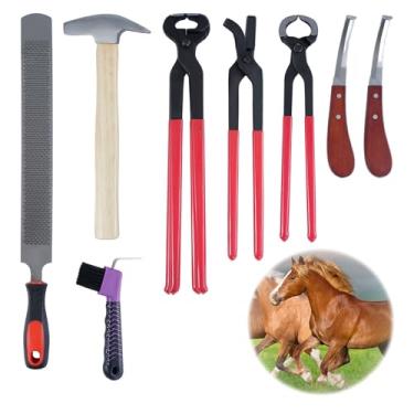 Imagem de lukar Kit de ferramentas de ferradura de 8 peças, aparador de casco de cavalo, inclui pinça de casco de cavalo, alicate de corte de ferradura, clíncher de unhas de casco, martelo de casco, faca de