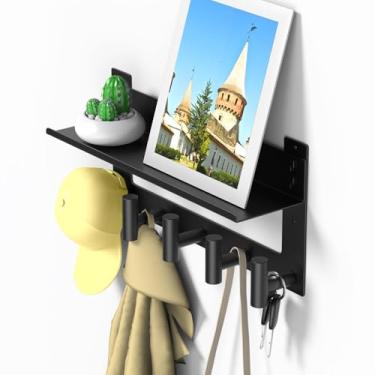 Imagem de VINHOLD Suporte de parede com prateleira, ganchos de parede de aço inoxidável com 5 ganchos, ganchos para casacos, prateleira suspensa de entrada com armazenamento duplo para sala de estar, quarto