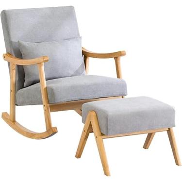 Imagem de Cadeira De Balanço Deslizante De Meados Do Século Em Madeira Maciça Com Otomano, Assento Estofado Em Tecido, Cadeira De Sala De Estar Moderna Confortável Para A Mãe, Gray Blue