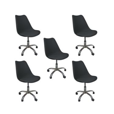 Imagem de Kit 5 Cadeiras Office Base Cromada Com Rodizio Giratória Saarinen Preto