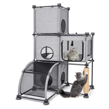 Imagem de Casa para gatos multifuncional, gaiola grande para gatos de 3 camadas com poste para arranhar, escada para gatos, condomínio interno e externo para gatos
