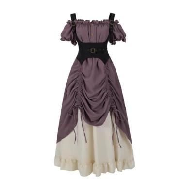 Imagem de Nuoqi Fantasia renascentista feminina ombro de fora camisa camponesa cordão saia vitoriana, roxo, P