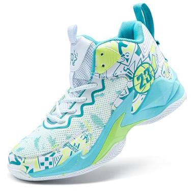Imagem de Tênis de basquete masculino de cano alto com suporte de amortecimento de malha respirável e sola antiderrapante Equipamento de basquetebol(White-green-3,37 BR)