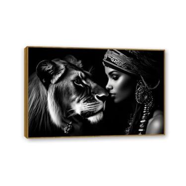 Imagem de SDYJ6GSW Quadro de teca Mulher e Leão Pôster Feminino Impressão em Tela Preto e Branco Arte de Parede Decoração de Casa para Sala de Estar Hotel Bar Banheiro Pronto para Pendurar 30 x 20 cm (12 x 8