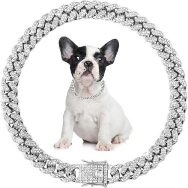 Imagem de Coleiras de corrente para cães, colar de diamante, estrangulamento de metal, coleira cubana para cães, 13 mm de largura, joias para animais de estimação, pequenas, médias, grandes, gatos, prata (56
