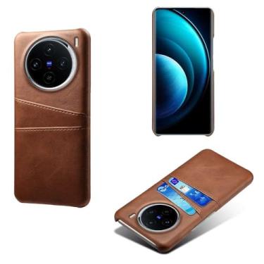 Imagem de Capas Compatível com VIVO X100,Caso de couro PU-Tampa de telefone a prova de choque com 2 slots de cartão,Proteção anti-impressão digital e anti-gota-Brown