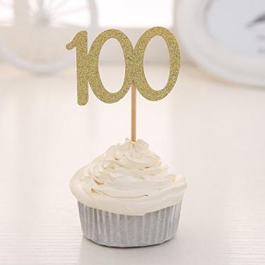 Imagem de Conjunto de 24 enfeites de cupcake com glitter dourado número 100 para bebês cem dias 100º celebrando decorações de festa