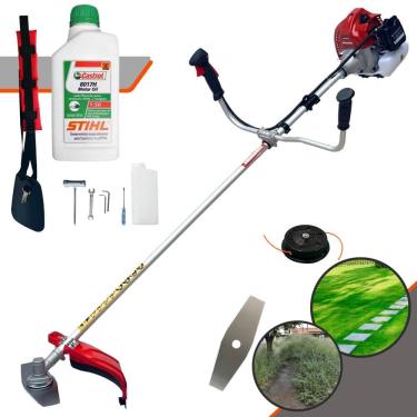 Imagem de Roçadeira Robusta Kawashima BCJ431L À Gasolina 2 Tempos 43cc 10.000rpm 1,7HP de Potência Completo Com Lâmina Facão + Carretel Nylon + ÓLEO STIHL 8017