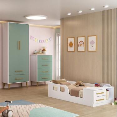 Imagem de Quarto Infantil Completo Guarda-Roupa 2 Portas 2 Gavetas com Cômoda e Cama Magia Espresso Móveis Branco/Verde