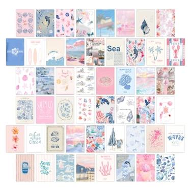 Imagem de Decoração de quarto de neta costeira, kits de colagem de parede rosa e azul, 50 peças 10 x 15 cm impressões de arte de parede estéticas na praia, pôsteres, decoração de parede para quarto de vaqueira