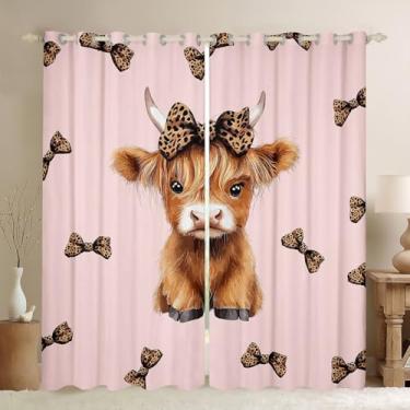 Imagem de jejeloiu Cortinas de gado rosa Highland para quarto e sala de estar (2 painéis, 96 x 114 cm) cortinas blecaute de vaca Highland Cow Darkening Dreapes para meninos meninas com laço blackout tratamentos