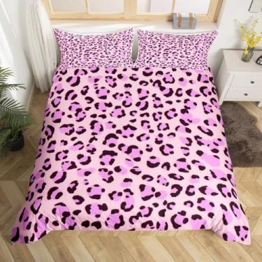 Imagem de Feelyou Conjunto de capa de edredom com estampa de leopardo, solteiro, infantil, guepardo, para meninos, meninas, adolescentes, estampa animal, respirável, safári, capa de colcha roxa e rosa